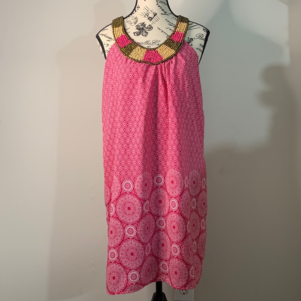 Buttons USA Geometric Beaded Neck Floral Short Tunic Sun Dress Size:M